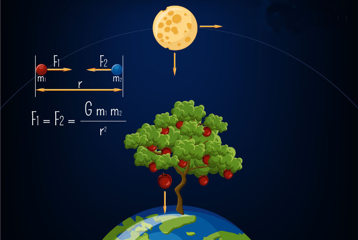O esquema mostra como calcula-se força gravitacional entre dois corpos