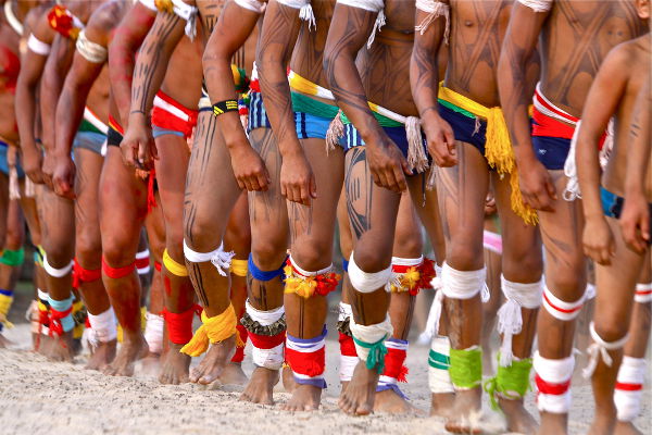 Indígenas enfileirados com seus trajes típicos.