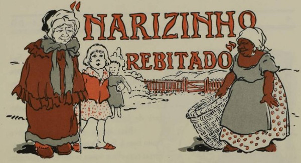 Ilustração de Dona Benta, Narizinho e Tia Nastácia.
