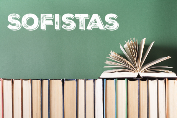 Palavra "sofistas" escrita sobre livros enfileirados.