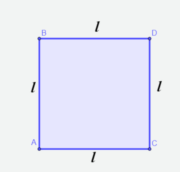 Quadrado com letras marcando suas medidas, que podem ser utilizadas no cálculo de área e do perímetro da figura.