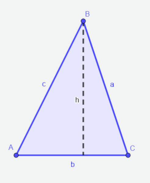 Triângulo com letras marcando suas medidas, que podem ser utilizadas no cálculo de área e do perímetro da figura.