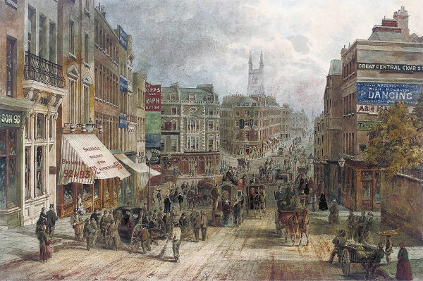 Pintura de c.1850 demonstra cenário urbano de Londres no século XIX.