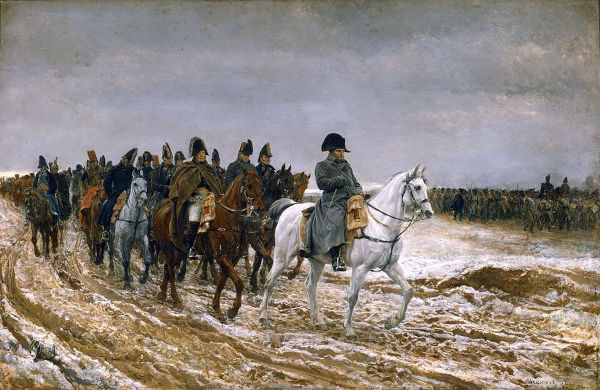 Pintura retratando Napoleão e seus soldados a cavalo, voltando de uma batalha no início do século XIX.