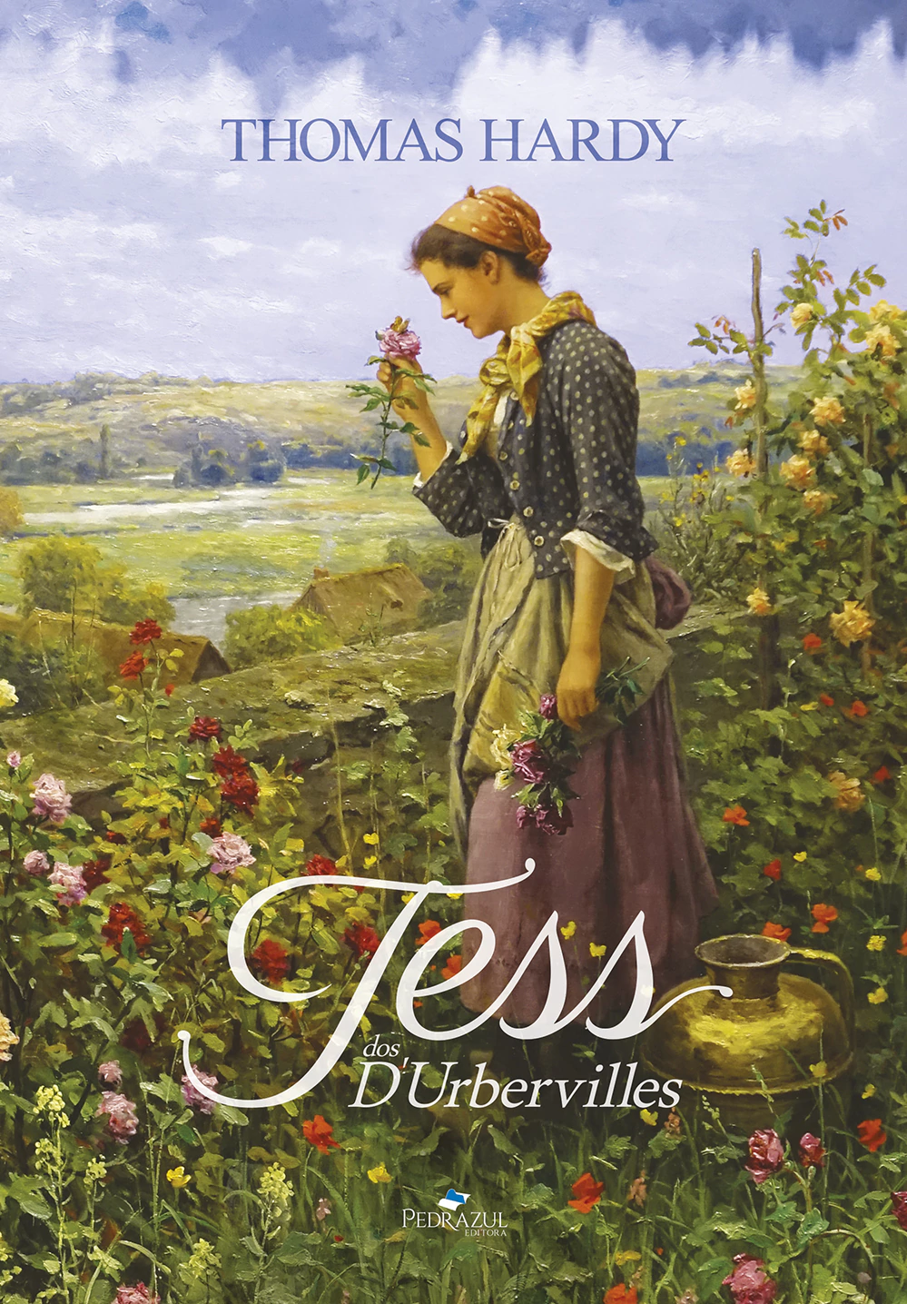 Camponesa em um jardim ilustrando a capa do livro Tess dos d’Urbervilles, personagens de Thomas Hardy.