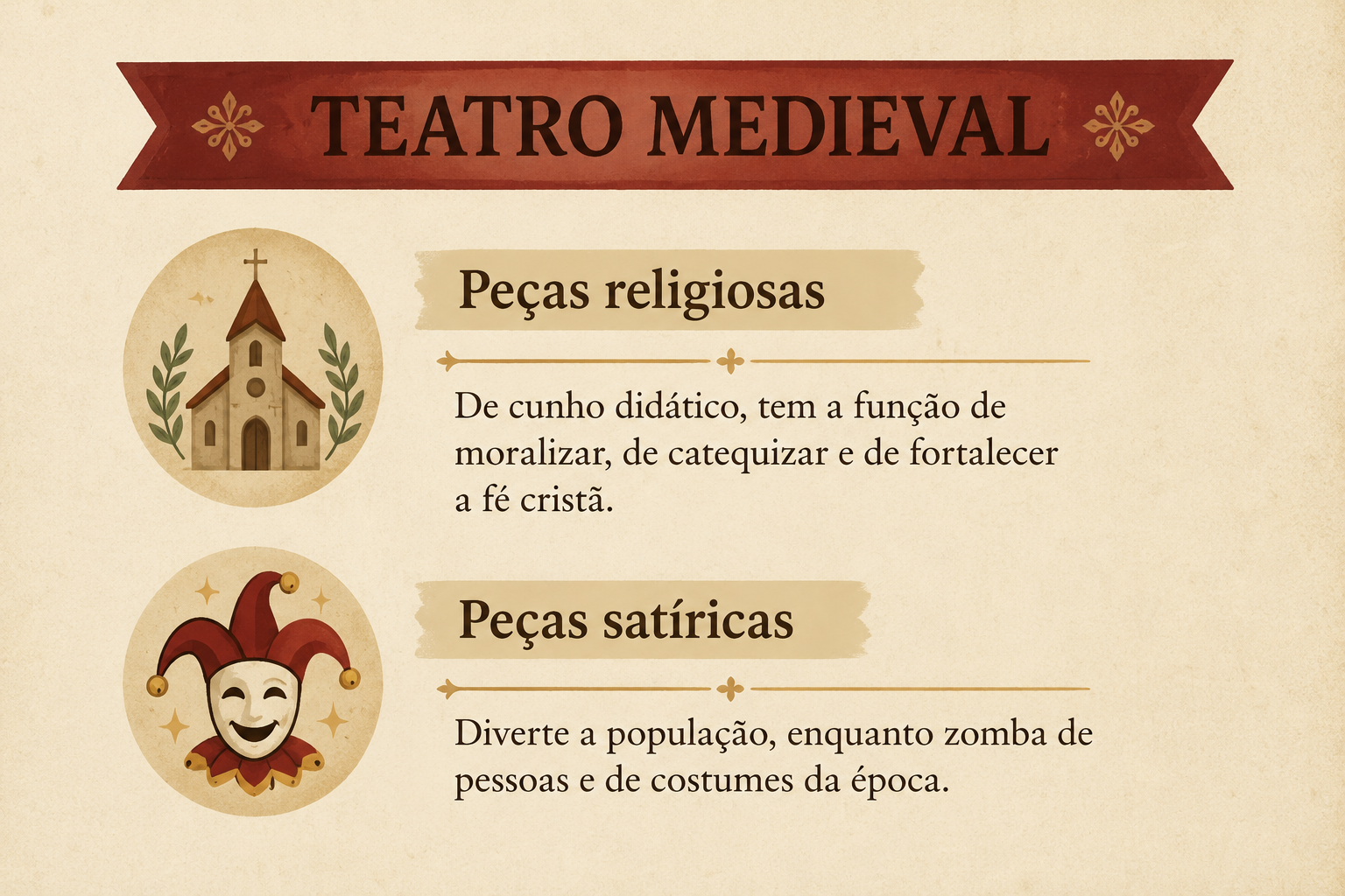 Imagem explicando os tipos de peças do teatro medieval: peças religiosas e peças satíricas.