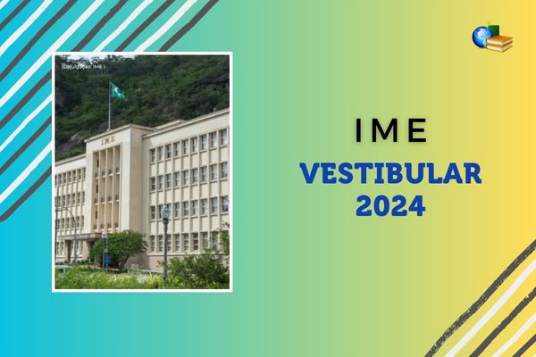 campus do IME sob fundo verde claro ao lado do texto IME Vestibular 2024