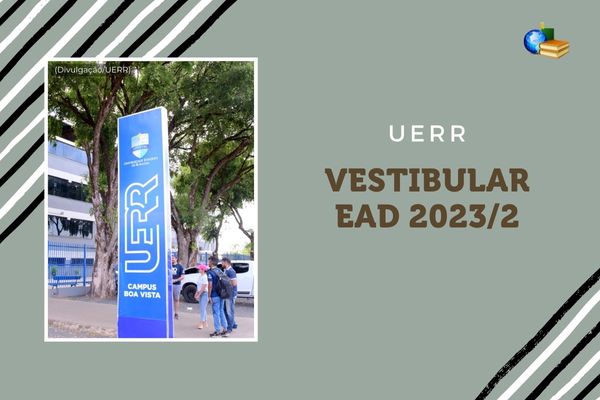 Fundo cinza, listras branco e verde, foto do campus da UERR, texto Vestibular 2024