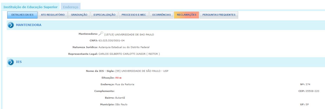 Página do e-MEC da Universidade de São Paulo
