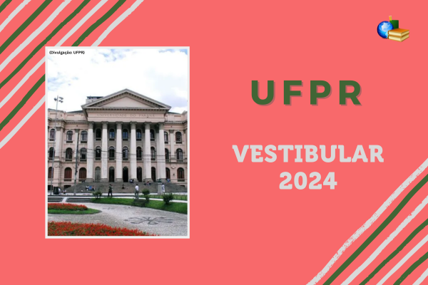 Fundo rosa, listras verde e branco, foto do campus da UFPR. Texto Vestibular 2024