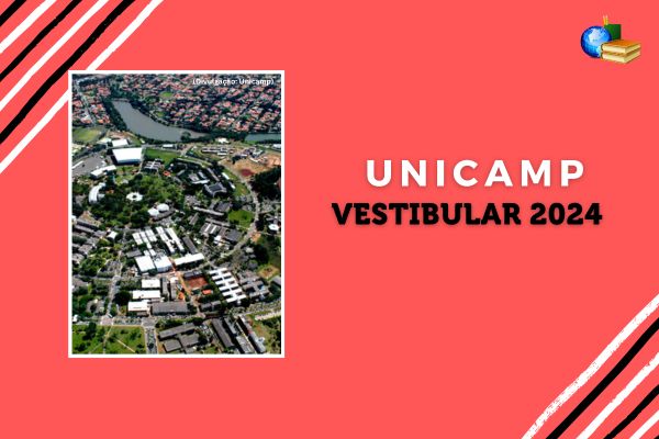 campus da Unicamp sob fundo vermelho ao lado do texto - Unicamp Vestibular 2024