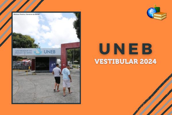 Fundo laranja, listras cinza e preto. Foto da entrada do campus da Uneb com pessoas andando. Texto Vestibular 2024 Uneb