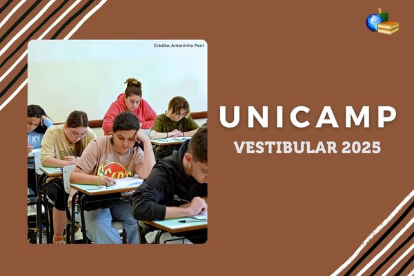 Fundo marro, foto de candidatos do vestibular da Unicamp, texto Unicamp Vestibular 2025
