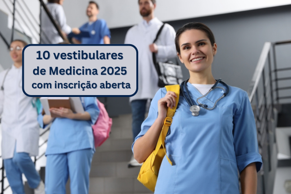 Aula do curso de Medicina. Na imagem, está escrito: 10 vestibulares de Medicina 2025 com inscrição aberta