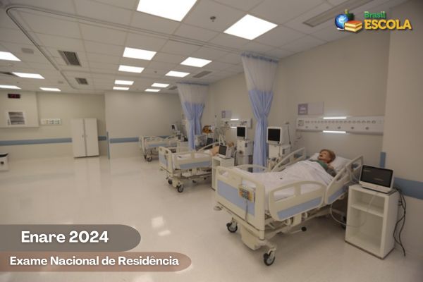 Sala de hospital com macas e bonecos, texto Enare 2024 Exame Nacional de Residência