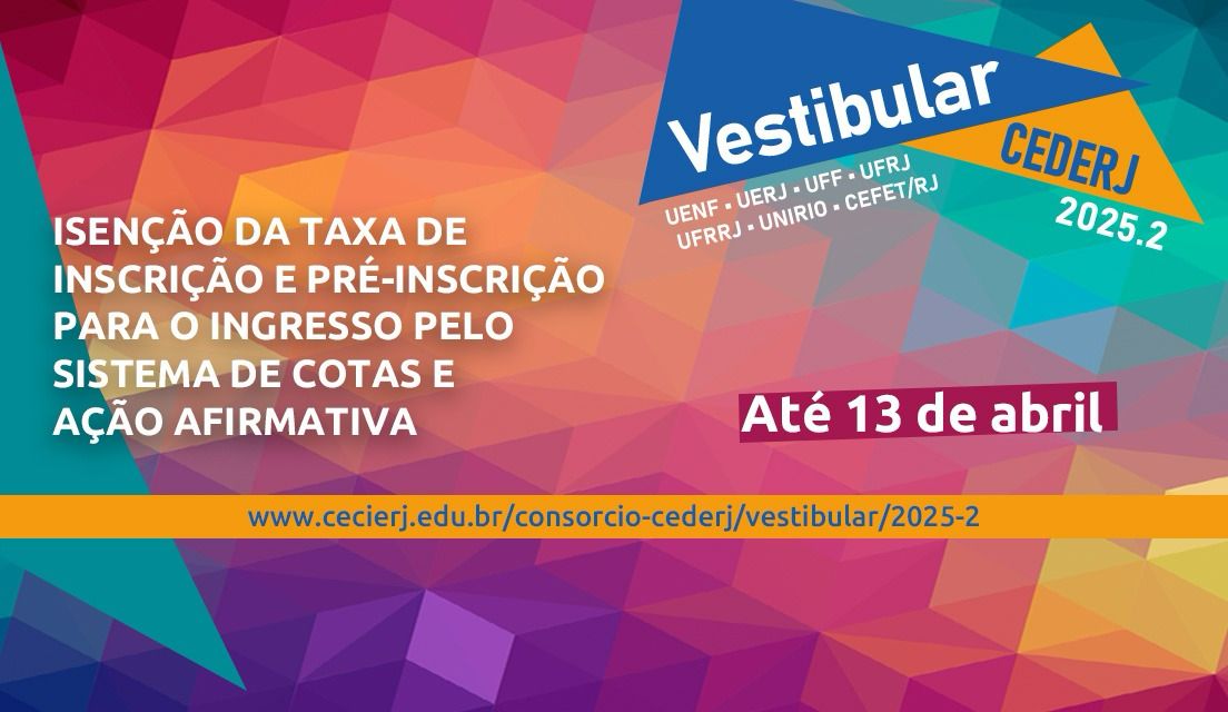 Fundo colorido com divulgação do Vestibular do Cederj