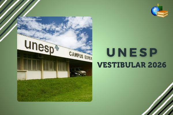 Fundo laranja, foto com fachada da Faculdade de Medicia na Unesp. texto: Unesp Vestibular Maio de Ano 2025
