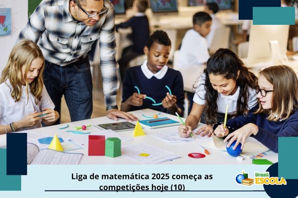 Alunos estudando matemática. Texto na imagem: Liga de matemática 2025 começa as competições hoje (10).