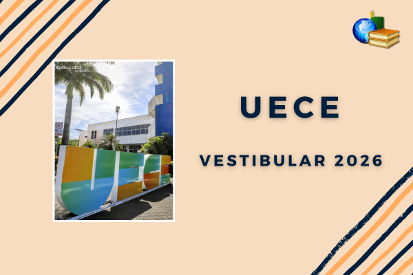 Campus da UECE em fundo laranja claro com listras coloridas. texto "UECE Vestibular 2026"