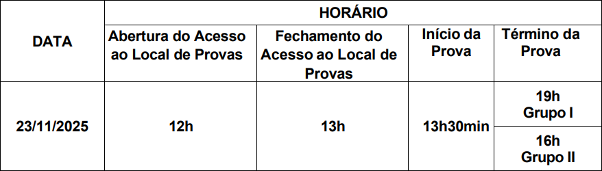 quadro de horários da prova da Unespar