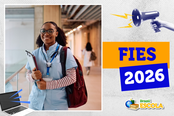 Foto de universitária sorrindo no campus. Texto: Fies 2026